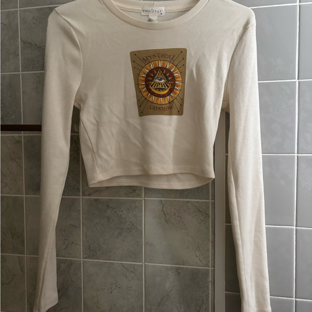 Full Tilt Cream Gold Graphic Long Sleeve Crop Tee